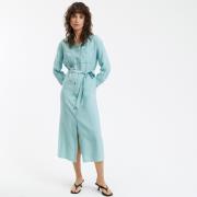 Robe droite longue, ceinturée, col mao