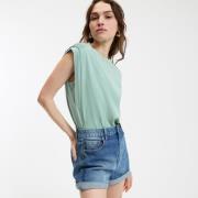 T-shirt col rond sans manches, épaules froncées